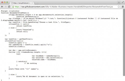 Raw code of the RenameArtFromText script in the browser.