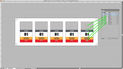 Each variable element of the design is on it's own layer in Illustrator.