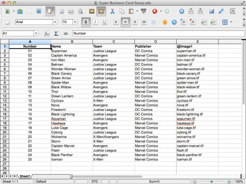 The original spreadsheet setup for the Super Business Cards.