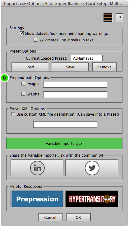 The settings screen of version 7 of the Variable Importer script.